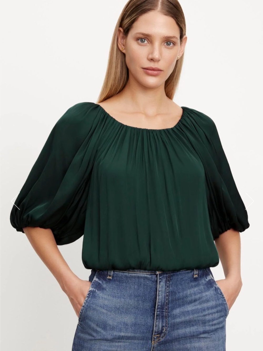 Velvet by Graham & Spencer Tami Satin Puff Sleeve Size Small in Fern Green NWT